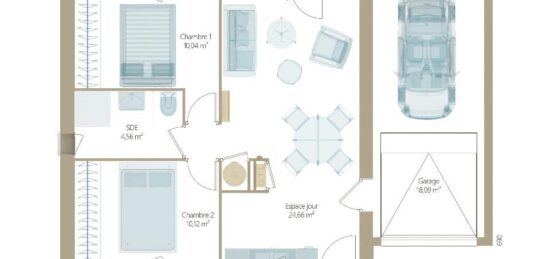 Plan de maison Surface terrain 50 m2 - 3 pièces - 2  chambres -  avec garage 